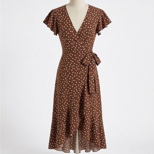 SHEIN VCAY Brown Polka Dot Wrap Dress Flutter Sleeve Ruffle Hem SIZE: S
